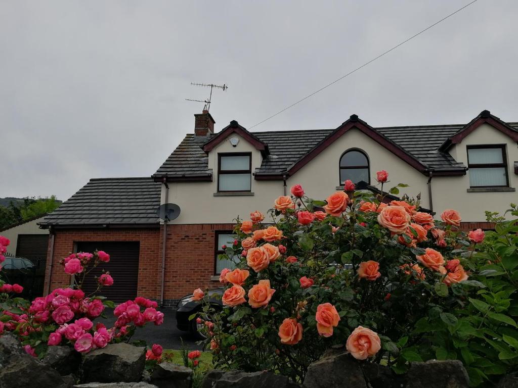 a house with a bunch of flowers in front of it at Fox Heaven B&B in Carrickfergus