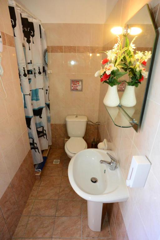 a bathroom with a sink and a toilet and flowers at Sappho Hotel in Skala Eresou