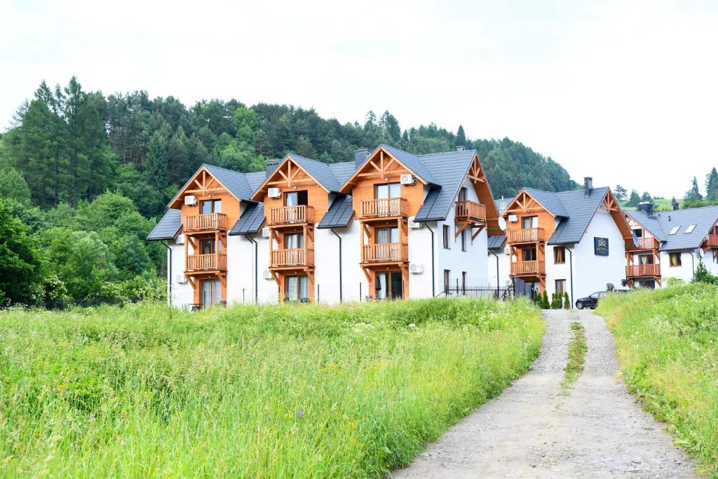 a row of houses in a field next to a dirt road at Homole Apartament LUX in Szlachtowa