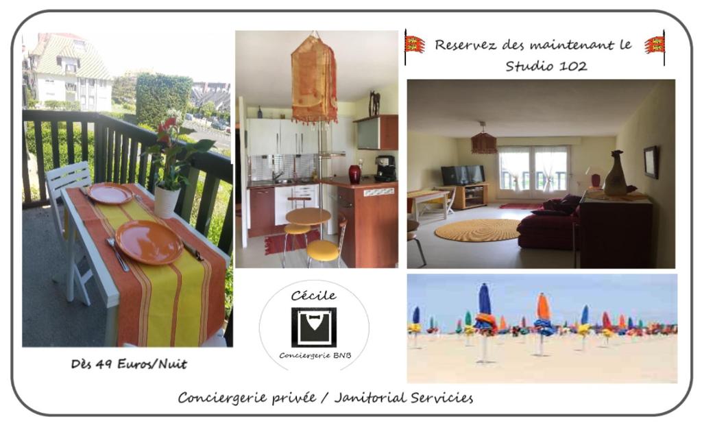 een collage van foto's van een woonkamer en een huis bij Le Studio 102 in Villers-sur-Mer