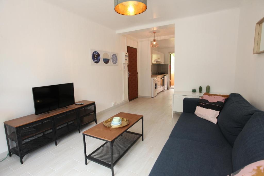 a living room with a blue couch and a television at Résidence La Source in Toulon