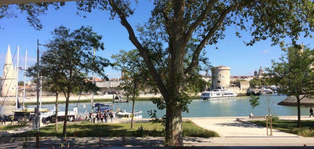 ラ・ロシェルにあるVue exceptionnelle sur les Tours ! Charme et tranquillitéの水上のボートが流れる川の景色