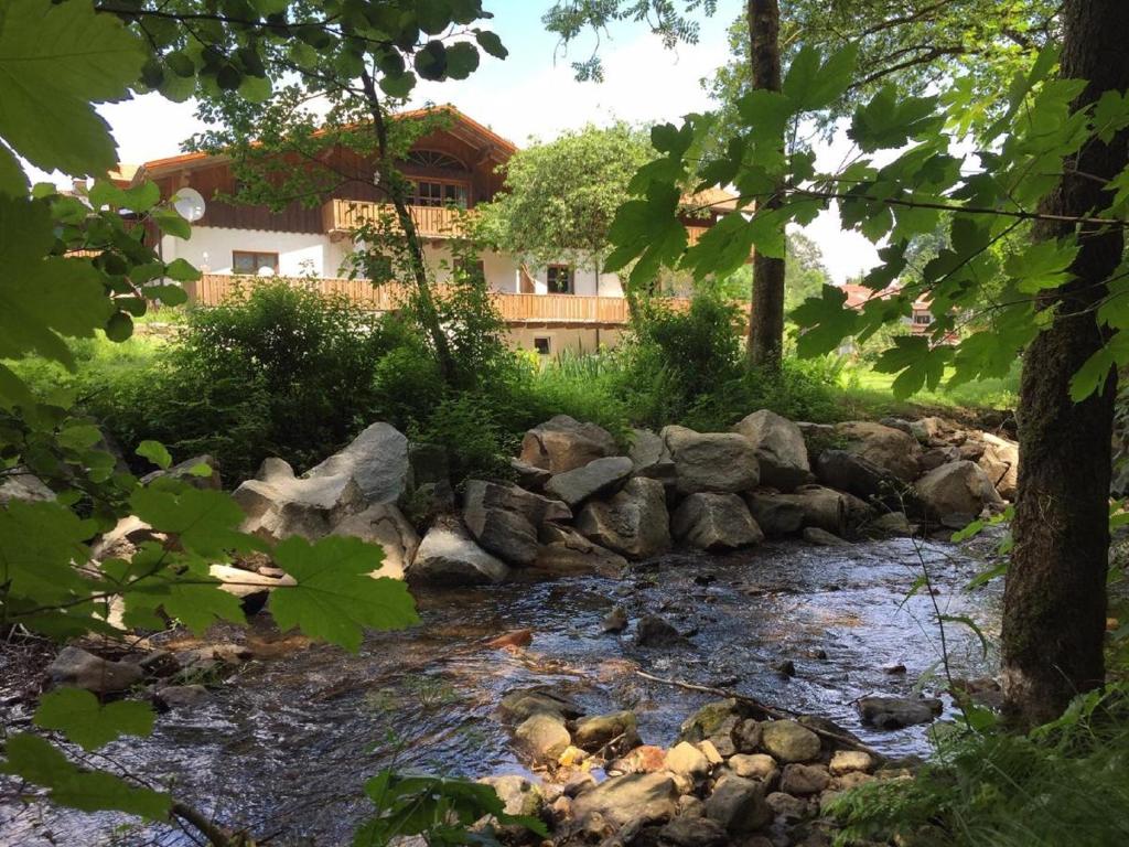a stream with rocks in front of a house at Ferienwohnung Hubertus in Bischofsmais