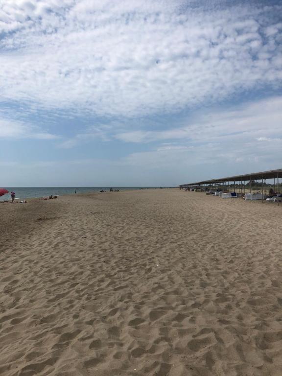 a beach with footprints in the sand and a pier at Apartment near the sea in Gribovka