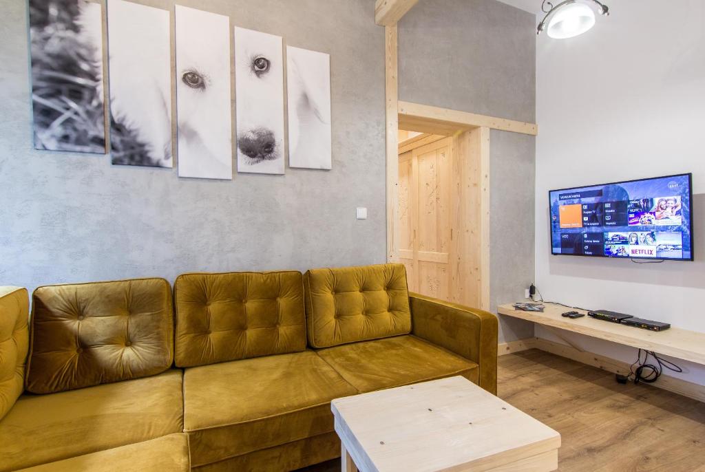 Televízia a/alebo spoločenská miestnosť v ubytovaní Apartamenty Orkana Centrum Zakopane