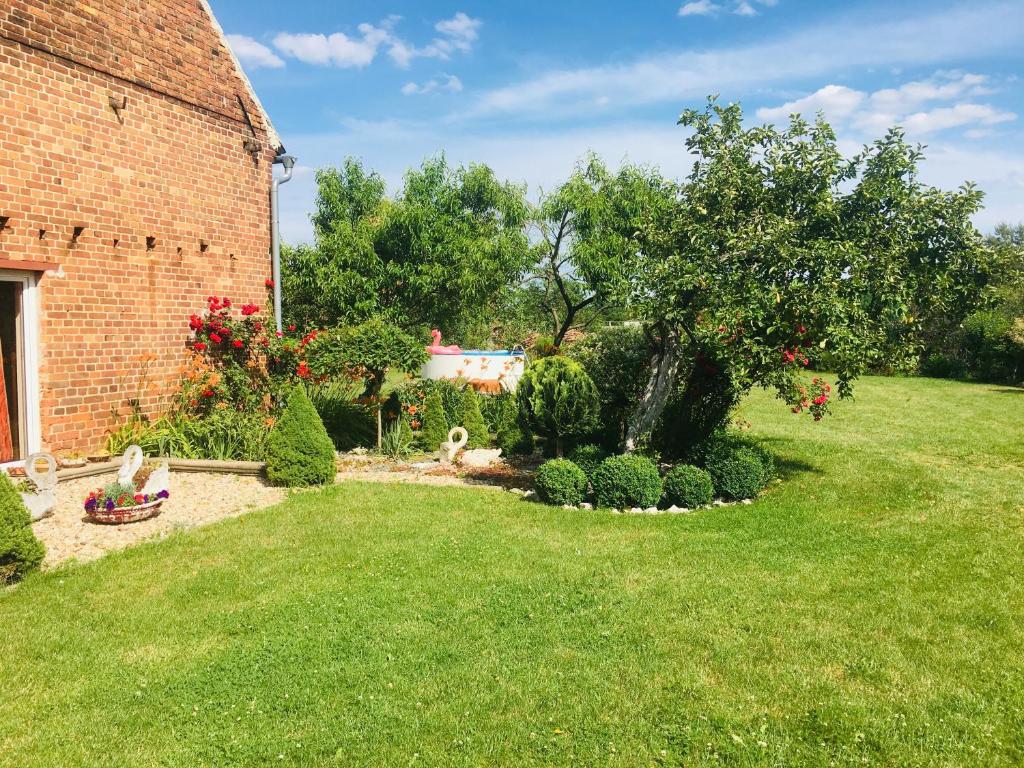a garden with a tree and a brick building at Guest House Wiejska Sielanka in Brody