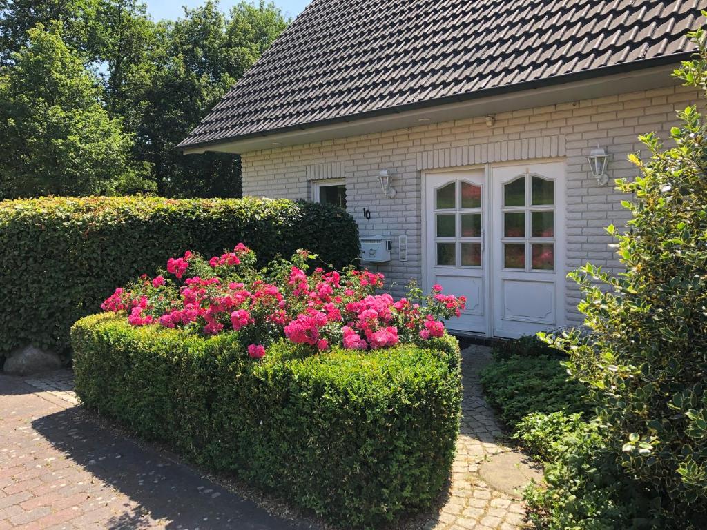 une maison avec un jardin planté de fleurs roses devant elle dans l'établissement Attraktives Landhaus Nähe Bremen, à Stuhr