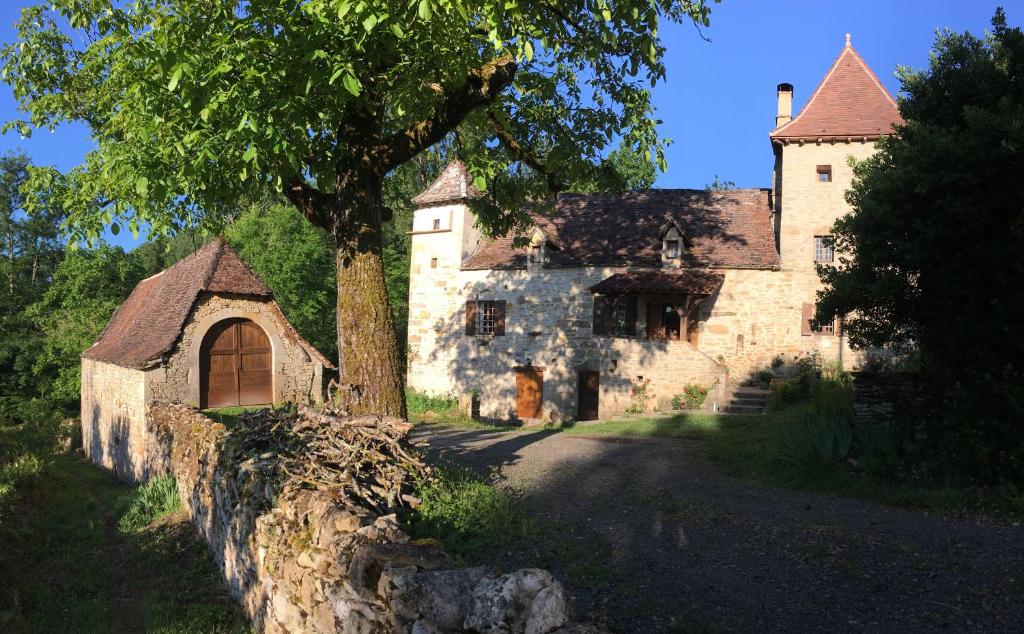 an old stone building with a tree in front of it at La Terralha in Saint-Pierre-Toirac