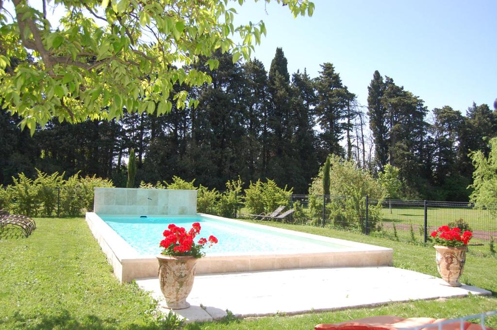 una piscina en un patio con 2 jarrones con flores en MAS DE LA RESPELIDO, en Cabannes