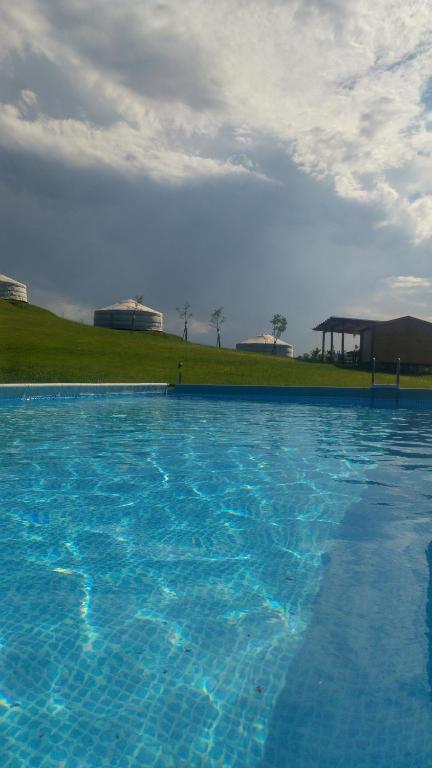 a large blue swimming pool with a field in the background at Yurte in Langa in Bosia