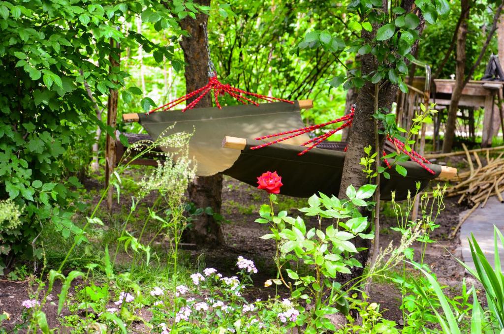 ein Vogelbad, das von einem Baum im Garten hängt in der Unterkunft Narek B&B in Goris
