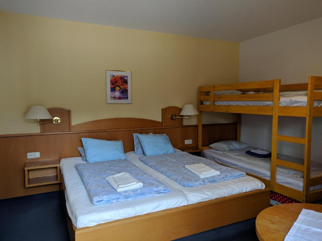a bedroom with two bunk beds and a table at Apartmany JaJ-Bavorsko in Mitterfirmiansreut