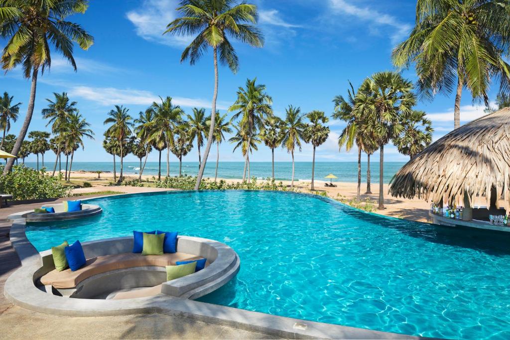 a pool at the beach with palm trees and the ocean at Jetwing Surf in Arugam Bay