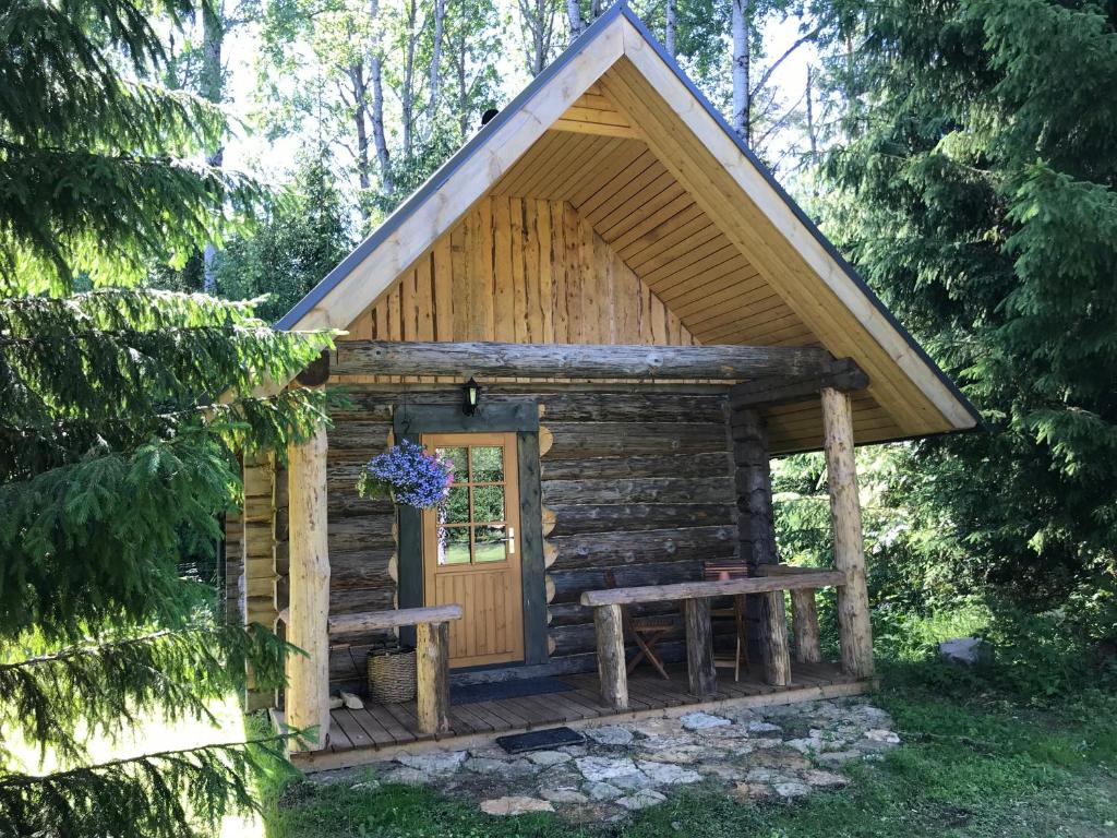 Blockhaus mit Veranda und Tür in der Unterkunft Haaviku Nature Cottage in Tepelvälja