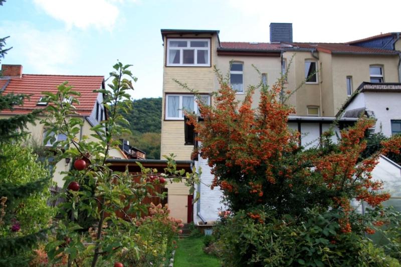 une maison avec un jardin en face dans l'établissement Ferienwohnungen Vier Jahreszeiten, à Thale