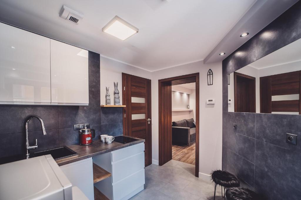 Kuchyňa alebo kuchynka v ubytovaní Apartamenty Świętego Jakuba