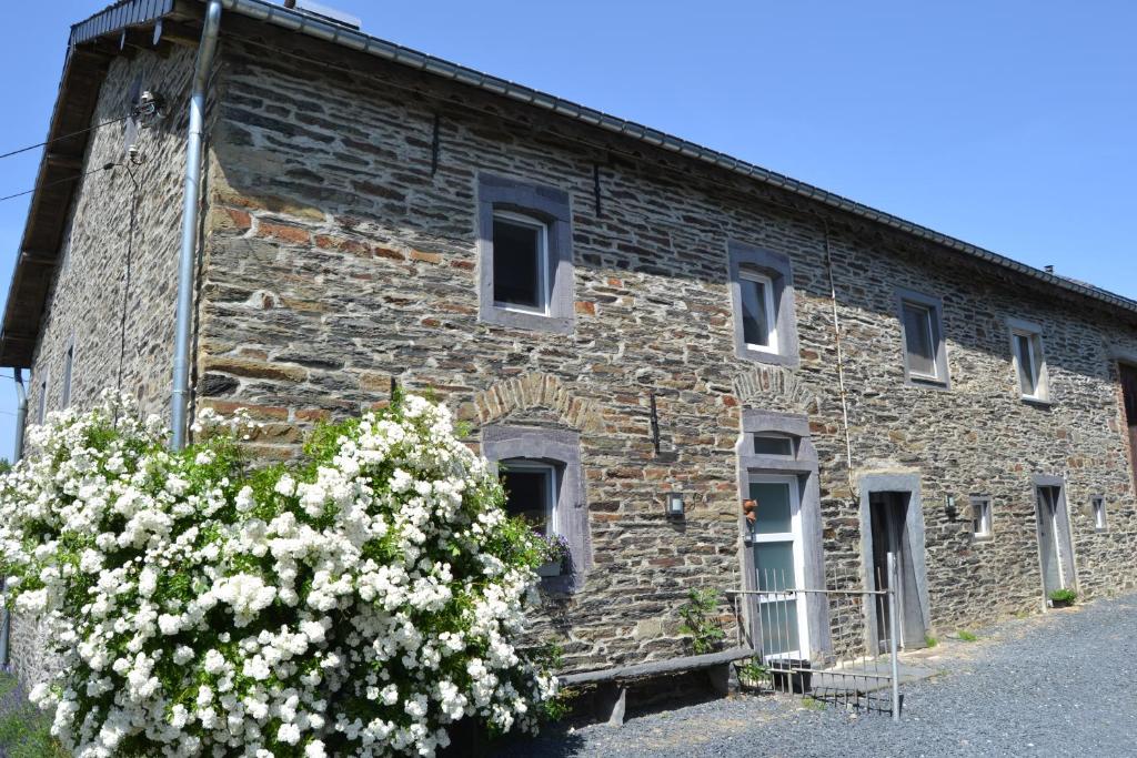 a brick building with white flowers in front of it at Gitesonoro Beho in Gouvy