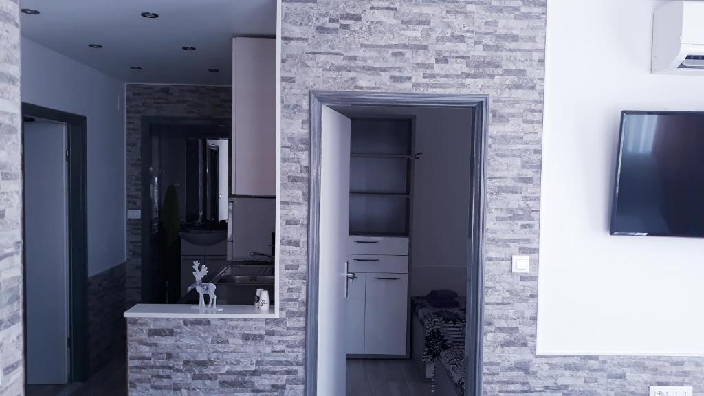 Zimmer mit Ziegelwand und Küche in der Unterkunft Apartments Druzianic in Makarska