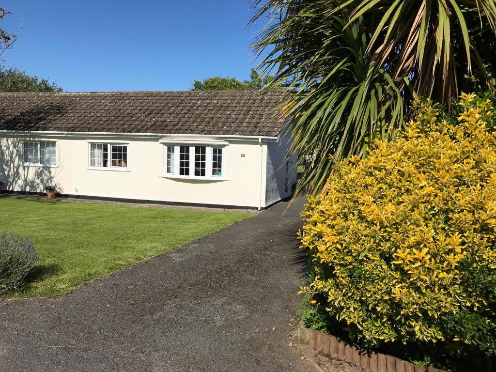 una casa blanca con una palmera y un camino de entrada en Number 43 The Gower Holiday Village, en Swansea