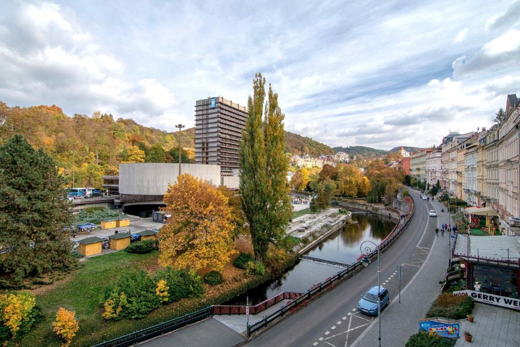 Blick auf eine Stadt mit Fluss und Gebäuden in der Unterkunft Romania in Karlsbad