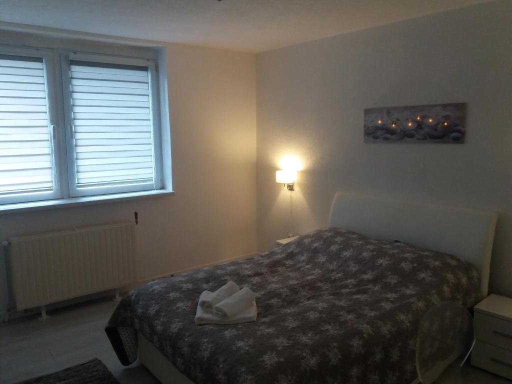 een slaapkamer met een bed, een lamp en een raam bij HOLIDAY HOME APARTMAN in Visoko