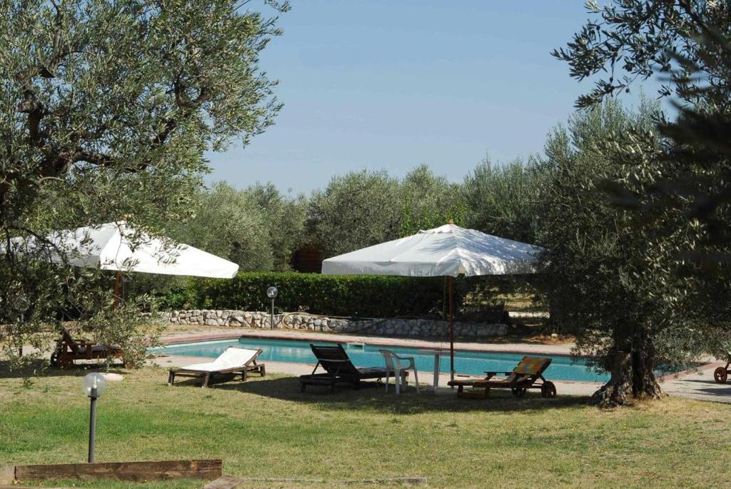 een zwembad met een parasol en stoelen en een tafel bij Chalet 6 Agriturismo in Tocco da Casauria