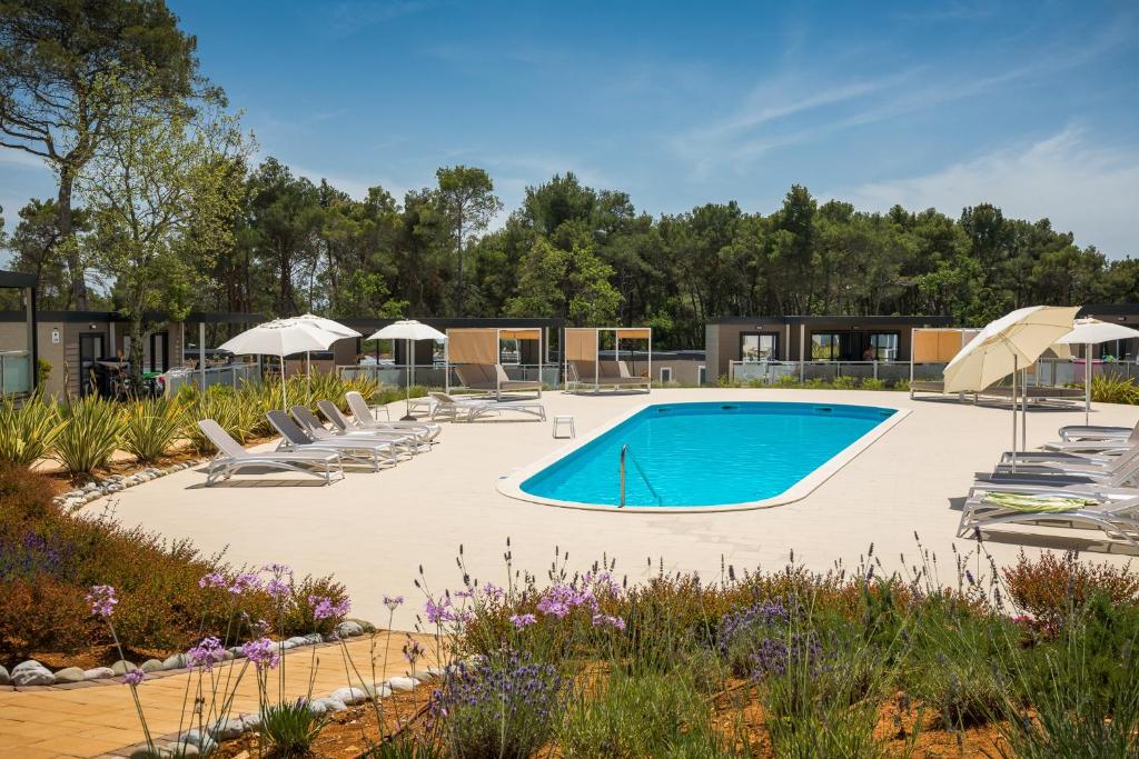 a pool with chairs and umbrellas in a yard at Mobile Homes Camping Santa Marina, Lanterna in Poreč