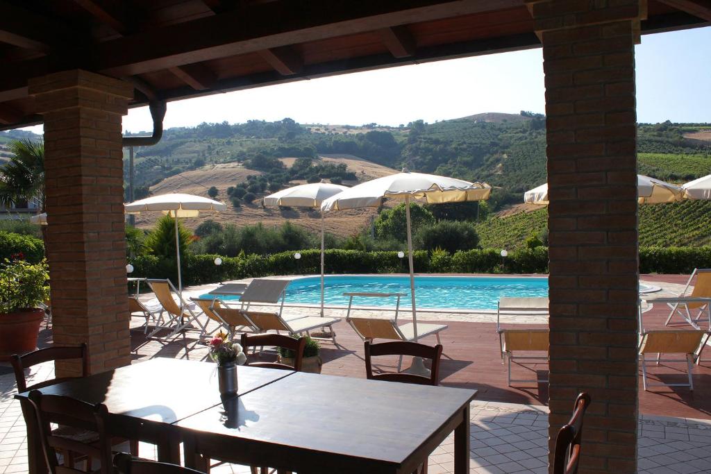 a patio with a table and chairs and a pool at Country House La Foggetta in Pineto