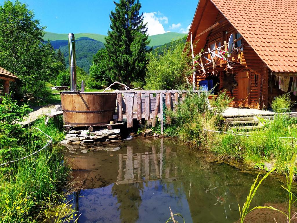 a wooden house next to a river next to a house at Під Горбком in Bukovets