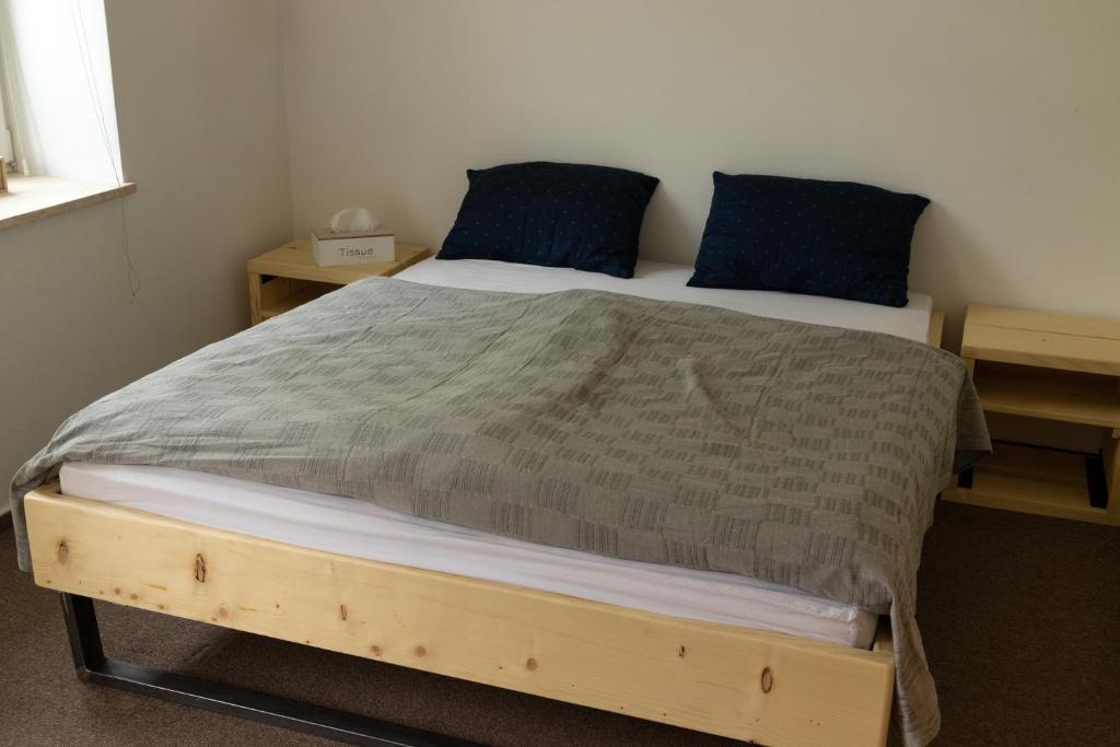 Natura في ترينتشياسكي تيبليسي: غرفة نوم بسرير كبير مع وسائد زرقاء