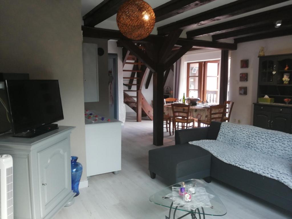 een woonkamer met een bank en een tv bij Gîte Les papillons in Ribeauvillé