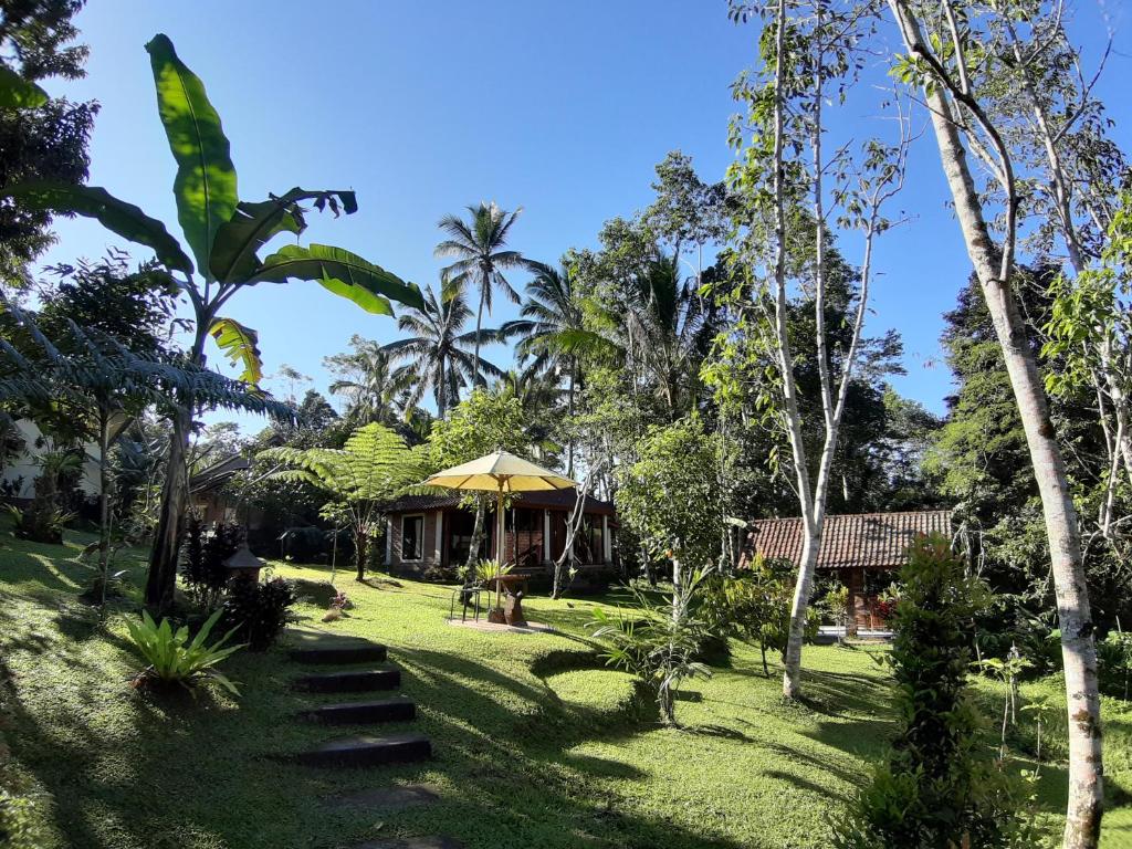 a house in the middle of a yard with trees at Tegal Jero Homestay in Jatiluwih
