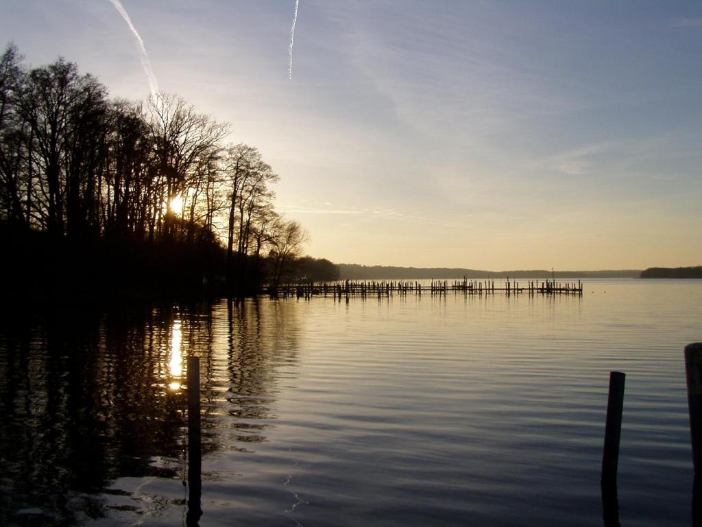 a view of a lake with the sun setting at Ferienwohnungen am Werbellinsee in Schorfheide