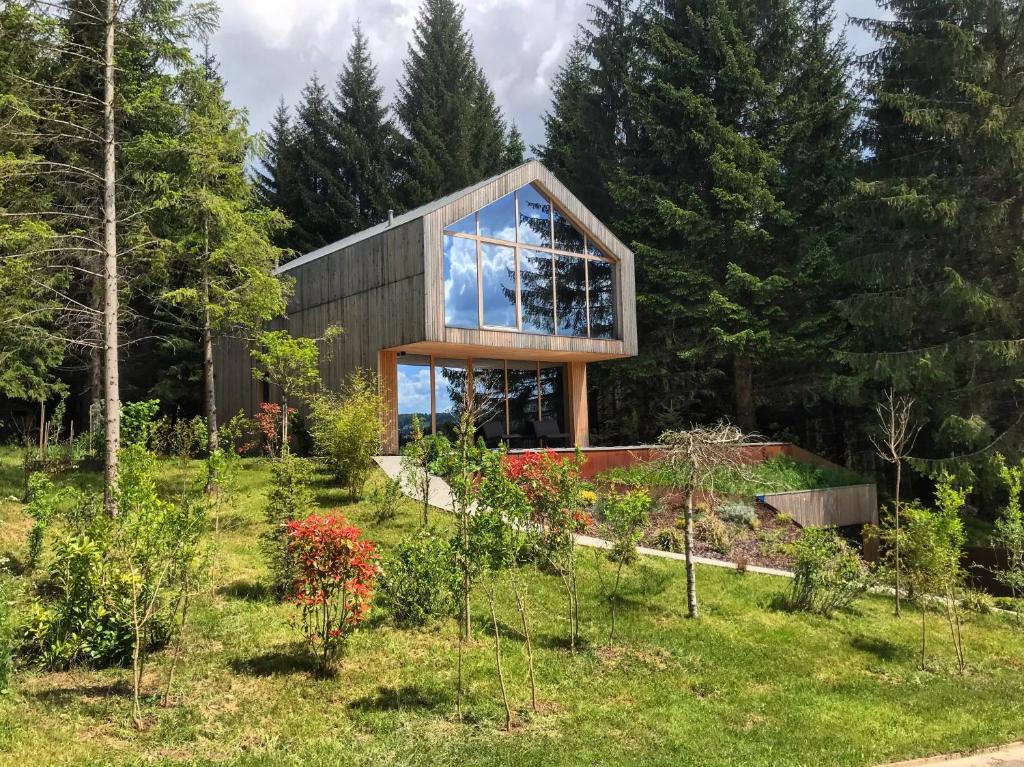 uma casa com uma grande janela num jardim em Casa Nube em Hlevci