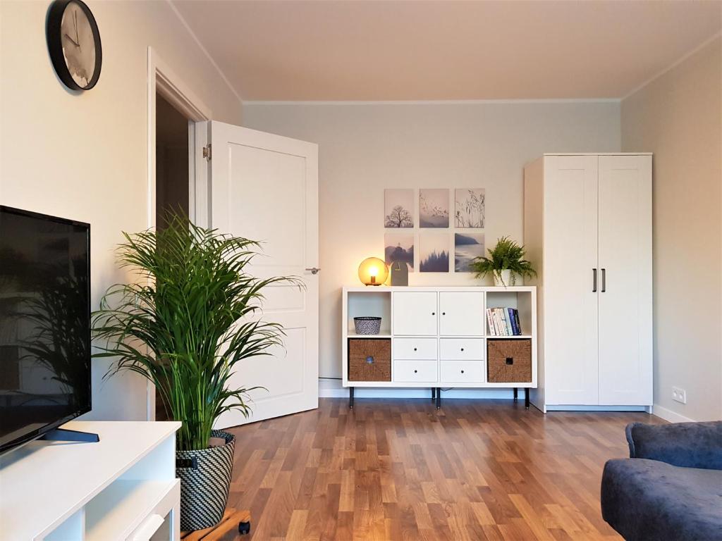 斯伽爾達的住宿－Modern city center apartment，客厅配有白色橱柜和电视。