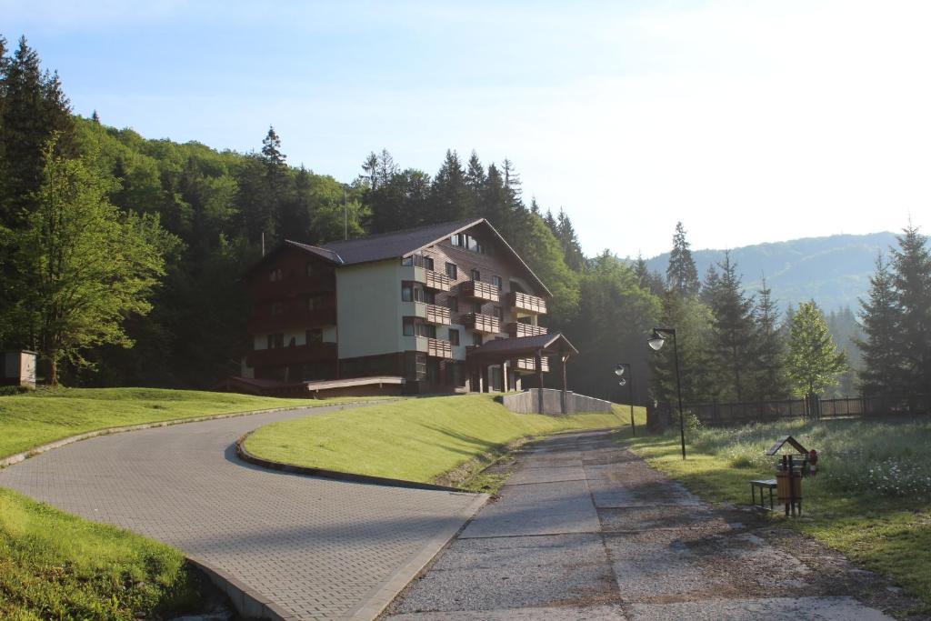 a road leading to a large building on a hill at Monte Cervo Bio Hotel & Spa in Covasna