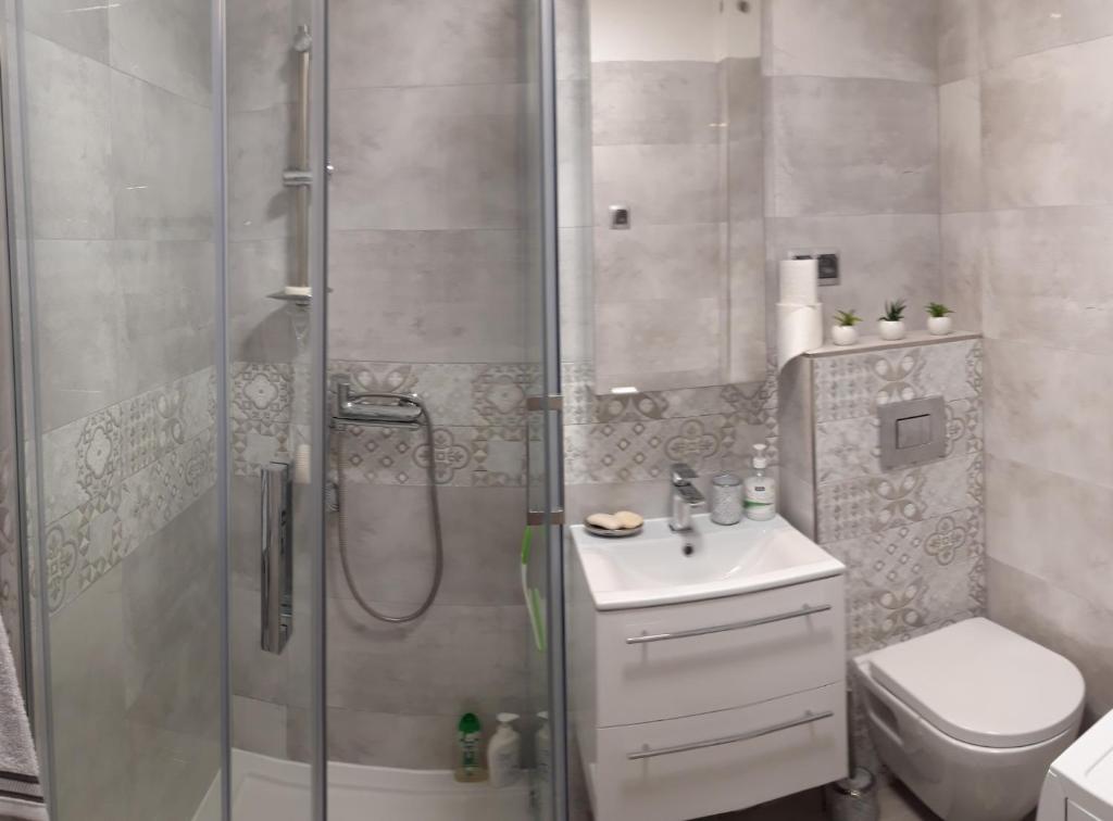 La salle de bains est pourvue d'une douche, d'un lavabo et de toilettes. dans l'établissement Apartament Jana z Kolna, à Ustka