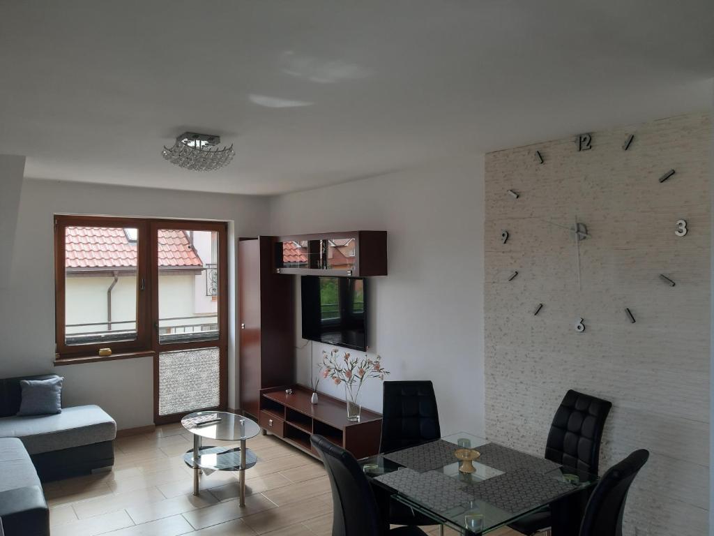 Televízia a/alebo spoločenská miestnosť v ubytovaní Apartament Piotr