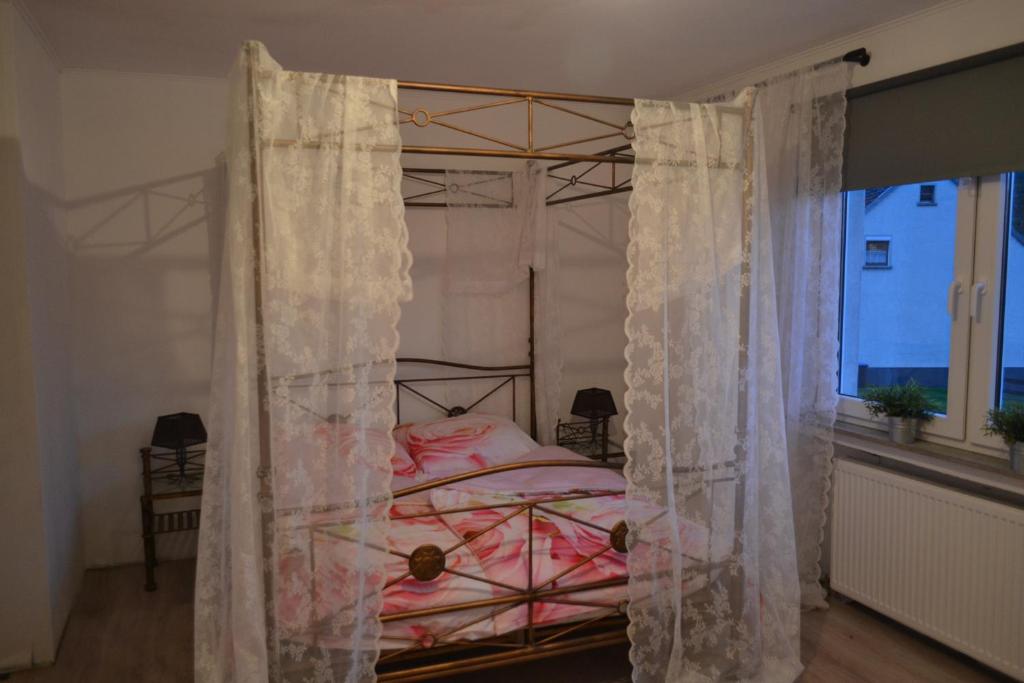 1 dormitorio con cama con dosel y ventana en bed en breakfast Floris, en Wallenborn