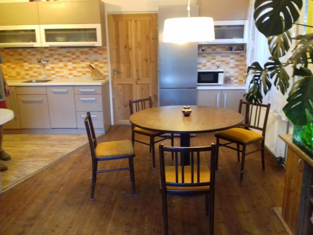 een keuken met een tafel en stoelen in een kamer bij Apartmán U Zebry in Bílá Třemešná