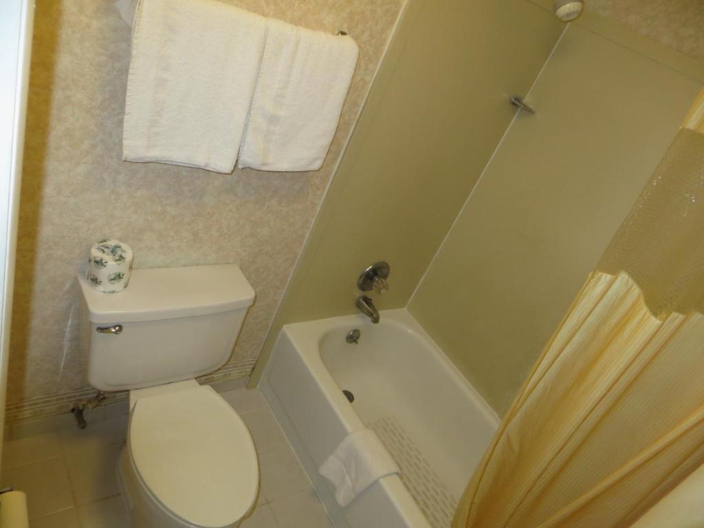 a bathroom with a toilet and a tub and a sink at Howard Johnson by Wyndham Commerce GA in Commerce