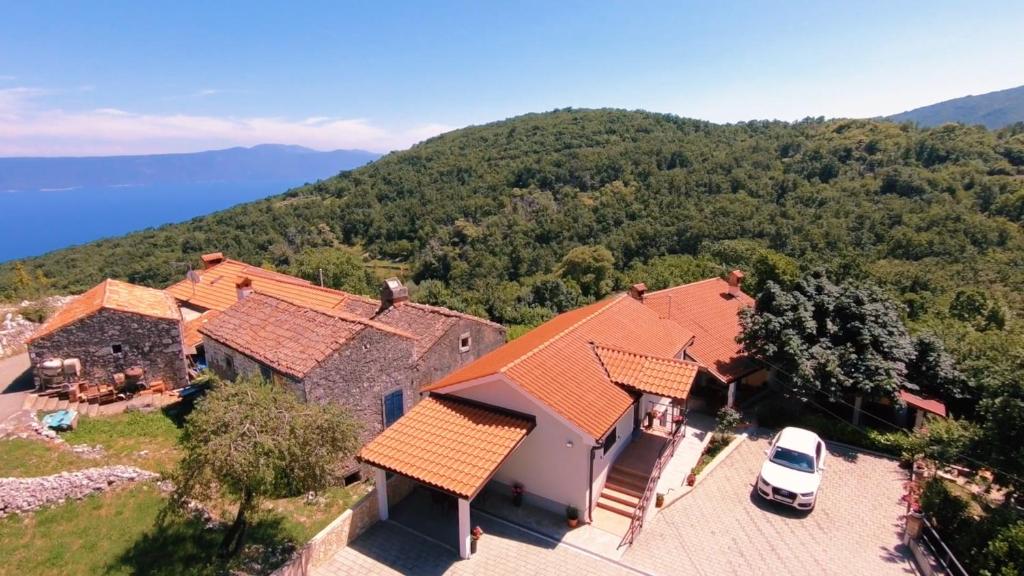 an aerial view of a house with a car at Apartment Podini in Brseč