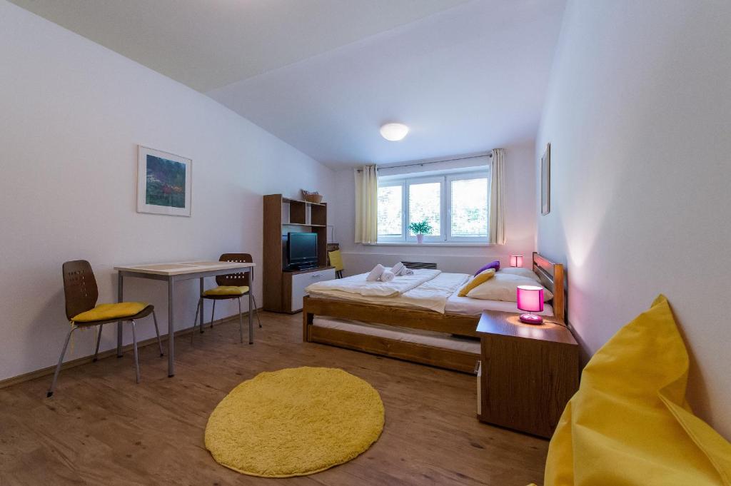リプノ・ナト・ヴルタヴォウにあるApartmán Lipno 20のベッドルーム(ベッド1台、デスク、テレビ付)