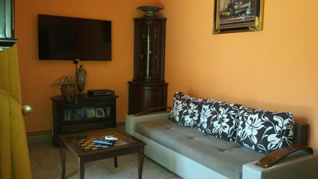 ein Wohnzimmer mit einem Sofa und einem Tisch in der Unterkunft Sole Apartments in Kotor