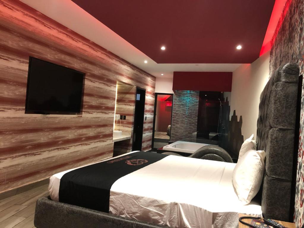 a bedroom with a bed and a tv on a wall at Intimisimo Suites Autohotel Centro Only Adult in Veracruz