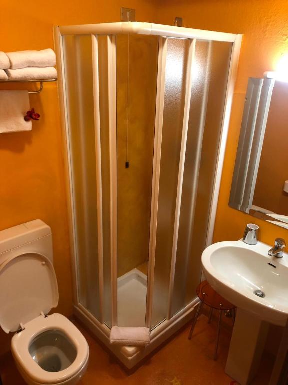 a bathroom with a shower and a toilet and a sink at Hotel Punta Maquignaz in Breuil-Cervinia