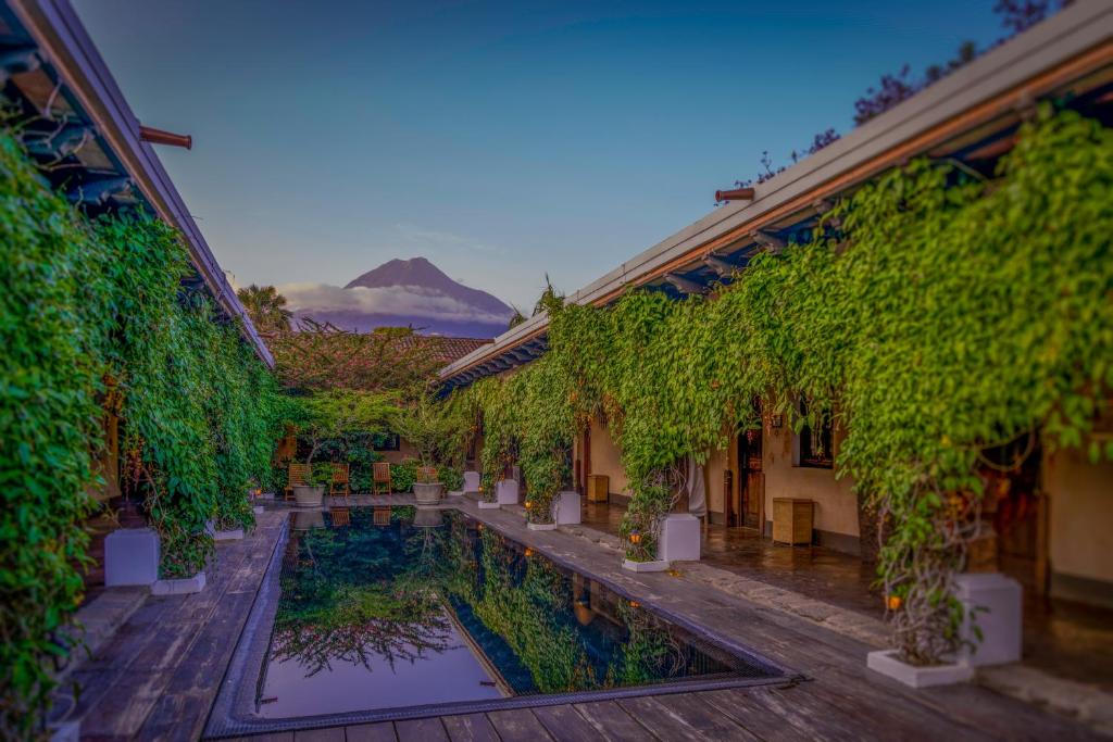 un patio con una piscina de agua y plantas en Porta Hotel Antigua, en Antigua Guatemala