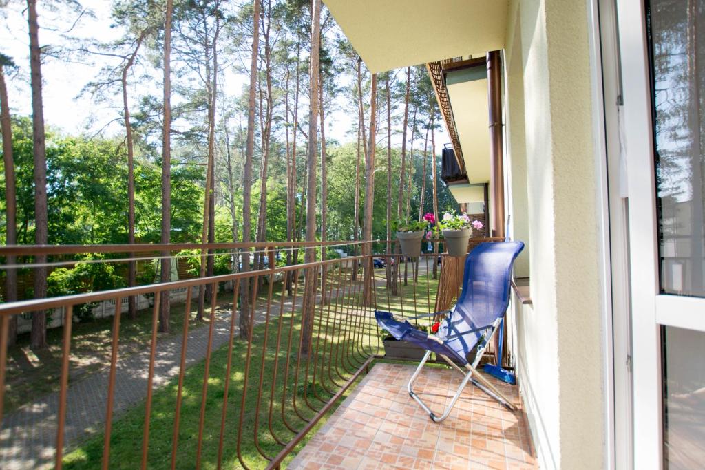 a blue chair sitting on a balcony looking out at the trees at Apartament Makadi in Międzyzdroje