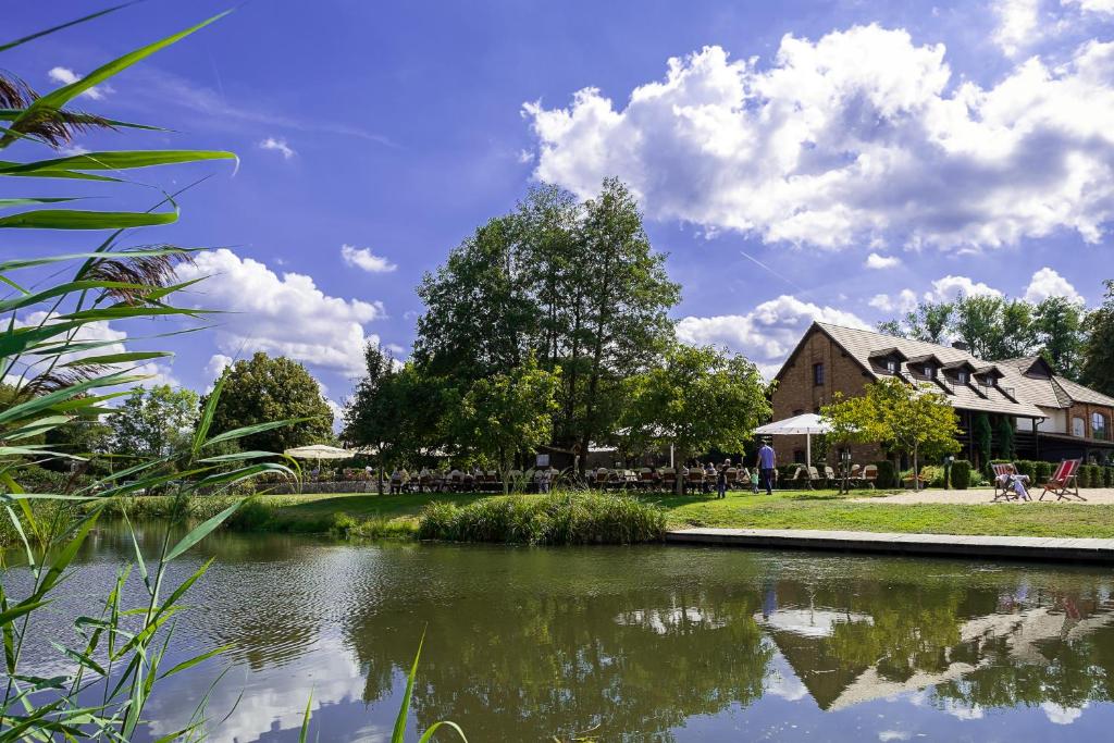 einen Teich vor einem Gebäude und einem Haus in der Unterkunft Spreewaldresort Seinerzeit in Schlepzig