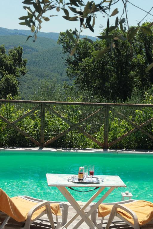 a table and chairs next to a swimming pool at Villa Sofia Eden & Spa in Gaiole in Chianti